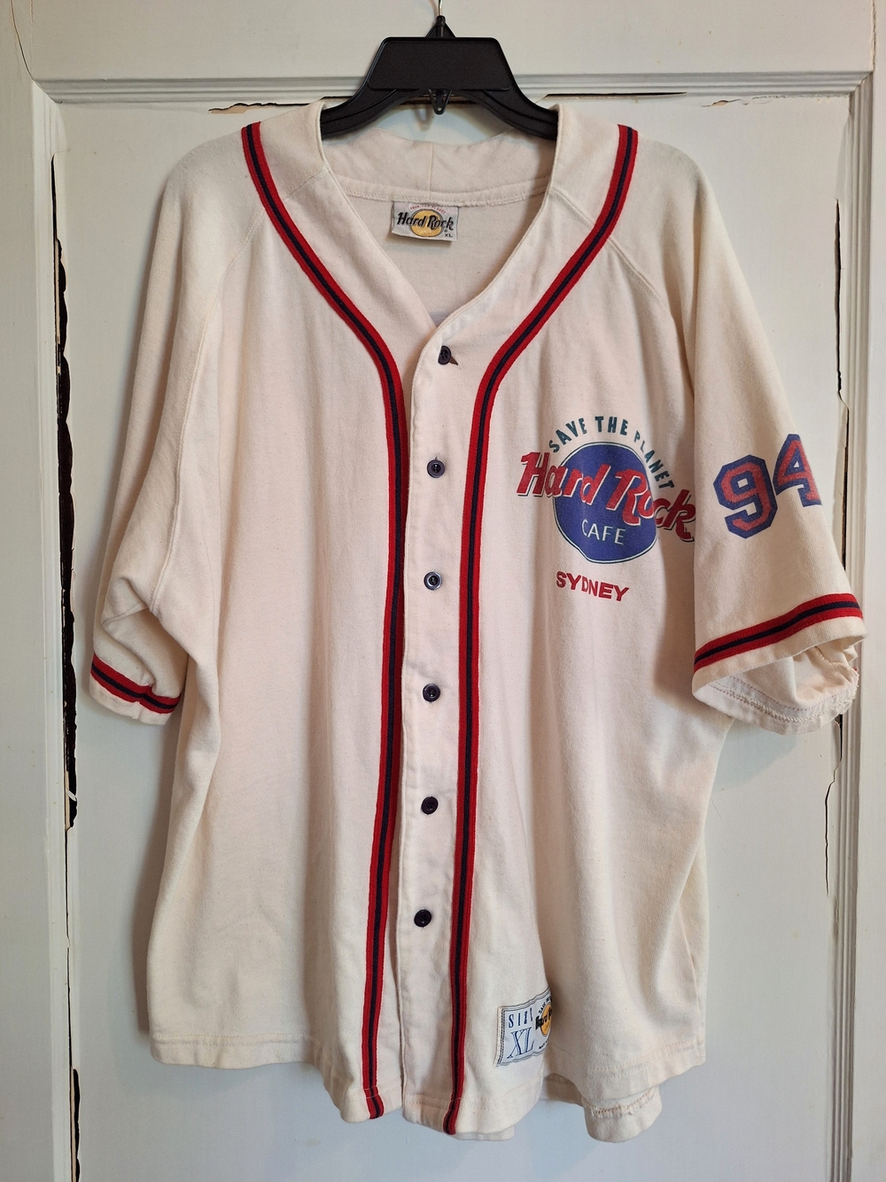 Vintage 90s Hard Rock Cafe Sydney Mens Cream Baseball Jersey Red & Navy Trim XL